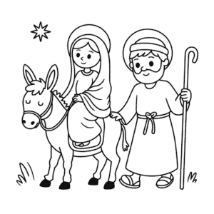 Kolorowanka Maria i Józef z Osłem