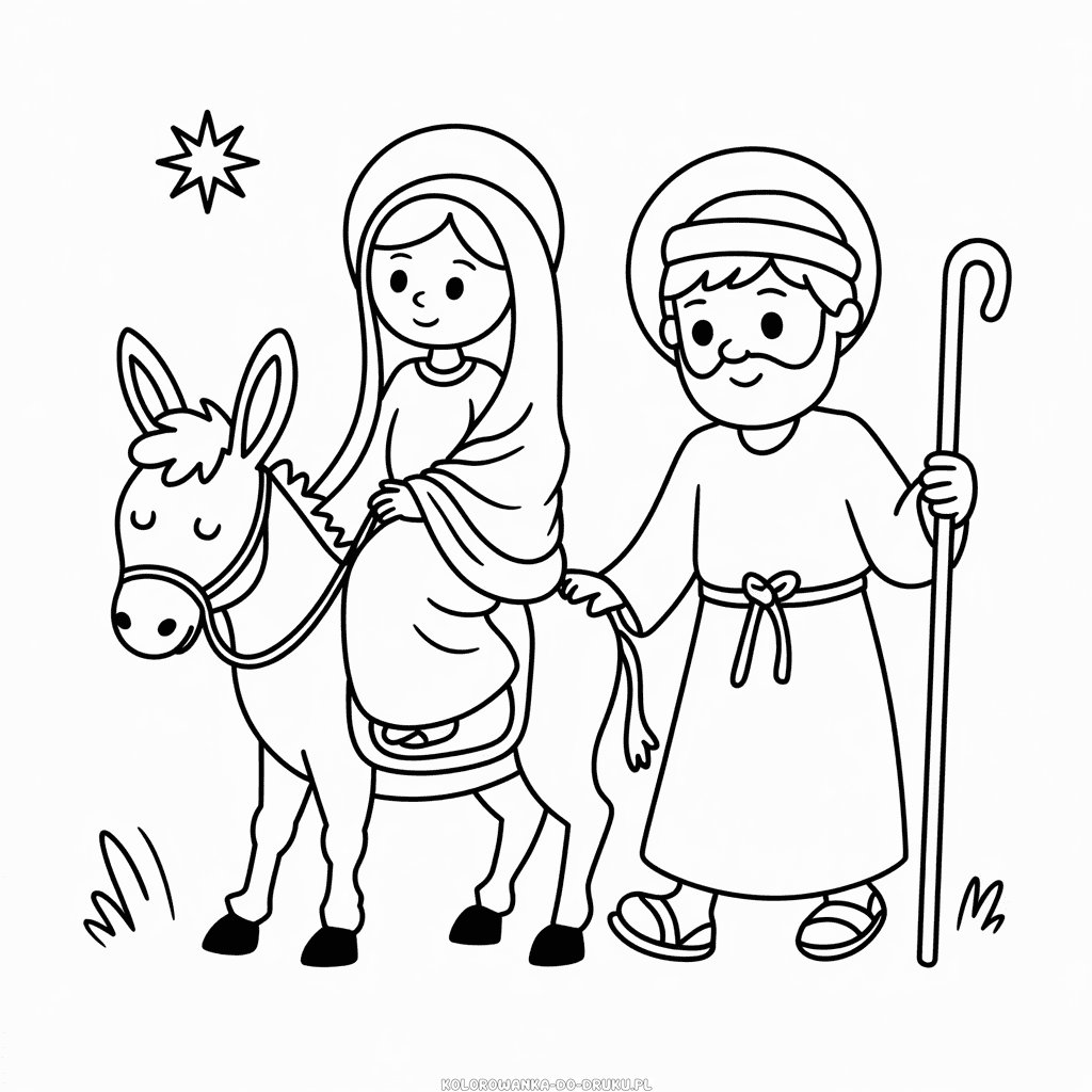 Kolorowanka Maria i Józef z Osłem